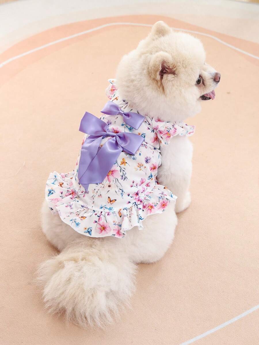 1 pieza Vestido con volantes florales y moño púrpura para mascotas - Lindo atuendo de princesa para perros pequeños (Pomerania/Oso de peluche)