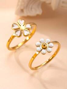 2pcs Fashionable & Cute Enamel Colorful Floral Stainless Steel Rings, Suitable For Teenagers Daily Wear And Gift