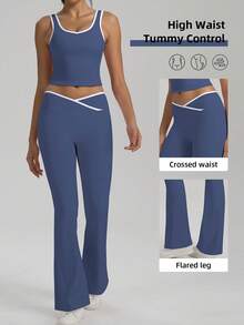 Two-Piece Set Women'S Contrast Binding Backless Crop Tank Top & High Waist Flare Leg Pants Tracksuit Set - Navy - View 1