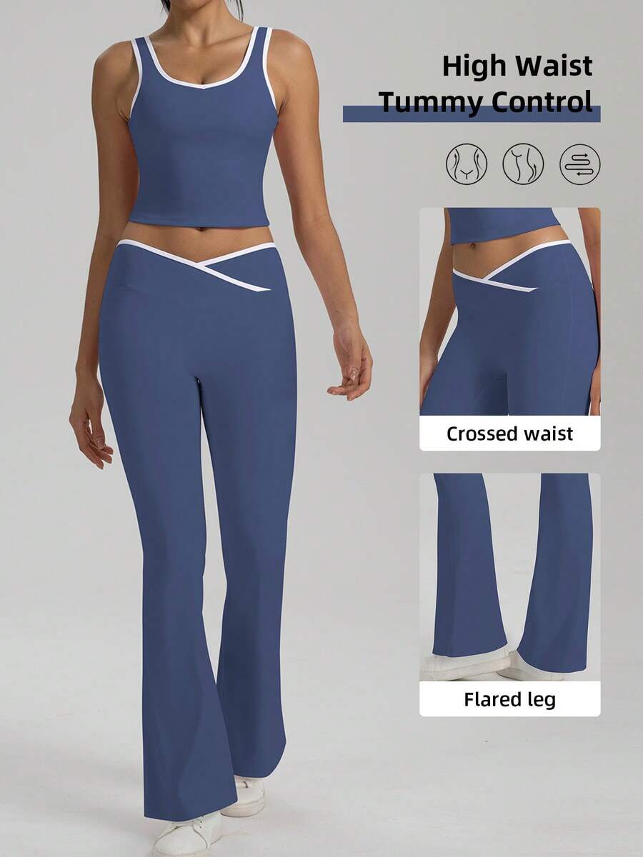 Two-Piece Set Women'S Contrast Binding Backless Crop Tank Top & High Waist Flare Leg Pants Tracksuit Set - Navy - View 1