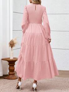 Women's Long Sleeve Maxi Dresses Fall Casual Smocked Trim Neck Swiss Dot Tiered Flowy Wedding Guest Dress - 粉色 - 查看 5