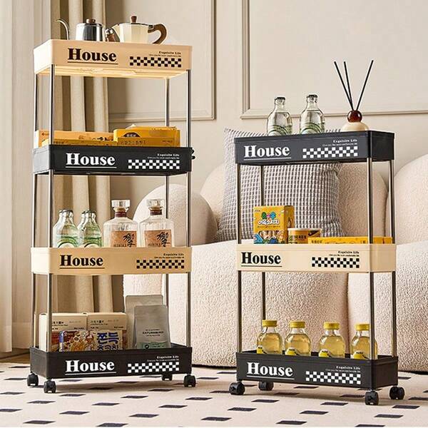 Carrinho com rodinhas de 2/4 andares com alças - Organizador de armazenamento móvel de plástico durável para banheiro, cozinha, quarto - Design compacto, preto e branco, leve e portátil, lixeira de banheiro, carrinho de armazenamento de cozinha, organizador de cozinha, solução de armazenamento moderna, construção resistente, decoração de casa