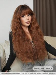 7JHH WIGS Auburn Brown Wig Loose Extra Long Wavy Wigs For Women, Reddish-Brown Synthetic Wave Curly Wig With Bangs Dark Roots Hairline, Silky Soft Heat Resistant Fiber Hair For Daily Wear, Music Festivals Celebrations Party Use 30 Inch - 摩卡棕 - 查看 3