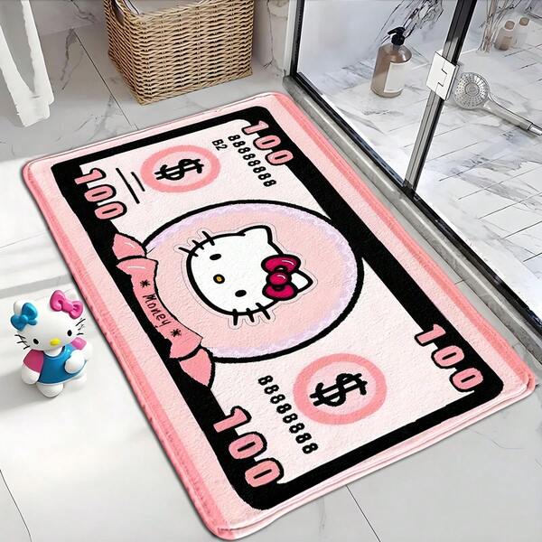 Sanrio 1 pieza Alfombra con diseño de billete rosa y negro de Hello Kitty de Sanrio, de lana sintética rectangular lavable a máquina, absorbente, suave y amigable con la piel, adecuada para cocina, lavandería, sala de juegos, casa de campo, patio, balcón, porche, oficina, decoración de fiesta, entrada, baño, dormitorio, sala de estar, comedor, decoración navideña, alfombra de cocina