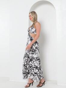 Dress With Elastane At The Back, You Can Tie It At The Back With A Print - 黑色 - 查看 5