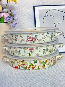 1 Set Enamel Shallow Dish With Plastic Lid, Can Be Used As Plate, Food Storage Tray, Baking Tray, Available In Multiple Colors, Ideal Gift For Elders - Multicolor - View 13