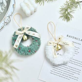 1pc Plush Christmas Wreath - Classic Bell & Bow Decor, No Nail Hanging, Perfect For Car, Home & Scene Decoration
