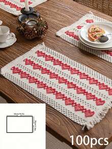 1pc New European And American Style Multiple Red Heart Holiday Party Valentine's Day Geometric Tassel Table Runner, Dining Table Runner, Home Decor, Photoshoot Background Cloth, Multi-Color European And American Style Table Runner - Red - View 14