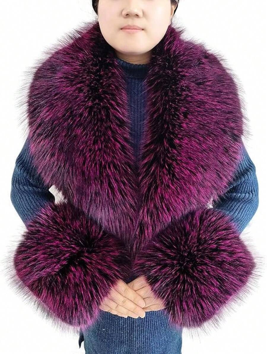 Fur Collar Cuffs Set Warm Fur Scarf Winter Women Fluffy Large Shawl Furry Scarves - Purplish Red - 查看 1