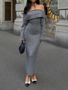 Vivid Style Women's Minimalist Fashion Elegant Off-Shoulder Design Slim-Fit Silhouette Versatile And Stylish Bodycon Knit Sweater Dress