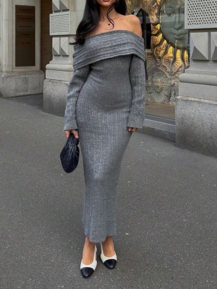 Vivid Style Women's Minimalist Fashion Elegant Off-Shoulder Design Slim-Fit Silhouette Versatile And Stylish Bodycon Knit Sweater Dress