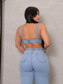 Top Cropped Feminino Jeans Moderno Tendencia verão Beach wear Blogueira