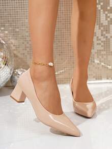 Chunky High Heel Pointed Toe Patent Leather Pumps, Elegant Fashion Versatile For Teenage Girls And Students, Spring/Autumn