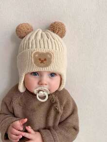 1 件装可爱儿童女孩男孩婴儿帽子羊毛边帽带兔耳朵帽幼儿羊毛耳罩帽柔软新生儿帽 - Bear - 查看 5