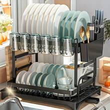 2 Tier Dish Rack Plate Cup Drying Drainer Storage Drip Tray Cutlery Holder Home Kitchen Organizer Carbon Steel - Black - View 10