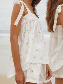 Women Y2k Summer 2 Piece PJs Lounge Set Floral Print Sleeveless Tie-Up Shoulder Square Neck Loose Tank Top Elastic Waist Wide Leg Pajama Bottoms Sleepwear Going Out Outfit Beachwear - 白色 - 查看 3