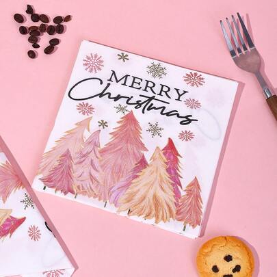 20pcs/40pcs/60pcs/Set,Pink Christmas Paper Party Napkins, Christmas Tree Snowflake Guest Napkins, Xmas Watercolor Hand Napkins For Bathroom Kitchen Decoration Daily Seasonal Holiday Hand Towel Table Decor, Winter Holiday Decorative Napkins