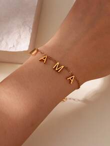 1 件精致简约 MAMA 字母吊坠项链、手链和脚链女士不锈钢锁骨链项链时尚珠宝母亲节礼物 - 金黃色 - 查看 10