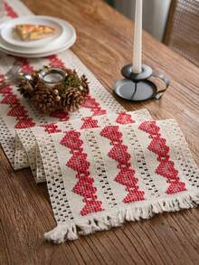 1pc New European And American Style Multiple Red Heart Holiday Party Valentine's Day Geometric Tassel Table Runner, Dining Table Runner, Home Decor, Photoshoot Background Cloth, Multi-Color European And American Style Table Runner - Red - View 8