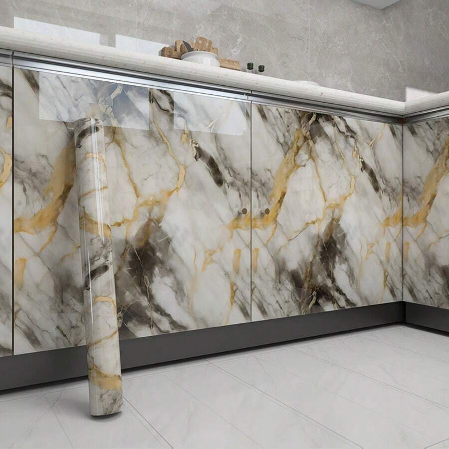 1 Rolle selbstklebende silberne Tapete, wasserdicht, ölbeständig, verdicktes Folienmaterial, luxuriöse, leicht reißbare Abzieh- und Klebetapete, geeignet für Küchenrückwand, Bürotrennwände, begrenzte Stückzahl - Verschiedenfarbig - View 1