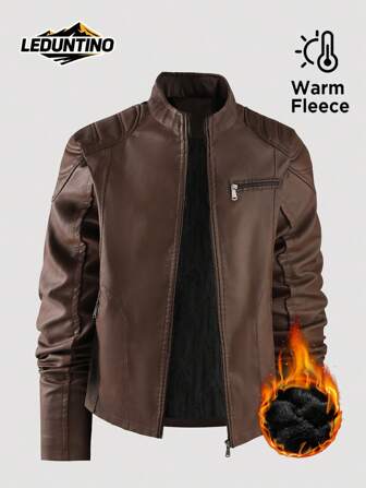 LEDUNTINO Herrmode med dragkedja, casual, utomhus, fleece-läderjacka, sportig stil, enfärgad, bomberjacka, present till pojkvän, vindtät läderjacka för höst/vinter, ståkrage, motorcykelläderjacka, vår/höst herrskinnjacka