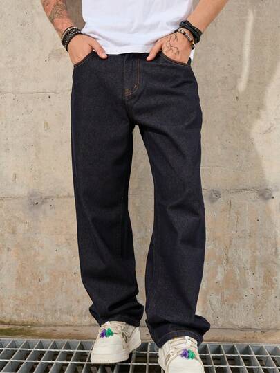 Denim Blue Jeans For Men, Retro American Vibe, High Waist Straight Leg Pants