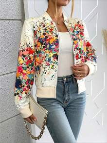 1pc Random Print Casual Knit Fabric Zip Pocket Round Neck Long Sleeve Jacket For Women, Suitable For Holiday, Daily Wear, Travel, Tea Party, Autumn