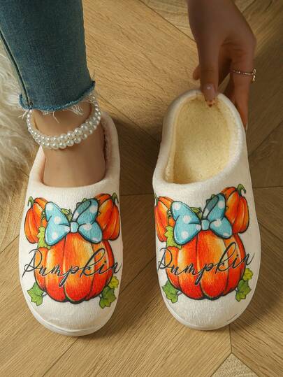 Women's Pumpkin Print Plush Warm Thick Soft Bottom Indoor Slippers, Comfortable Bedroom Slippers For Autumn/Winter