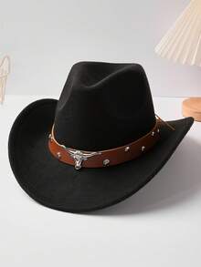 1pc Unisex Polyester Western Cowboy Hat, A Retro-Style Hat Suitable For Both Men And Women, With A Brown Belt And Bull Head Chain, Perfect For Casual Wear And Western Cowboy Parties - Brown Leather Bull Head Round Rivet Hat - View 4