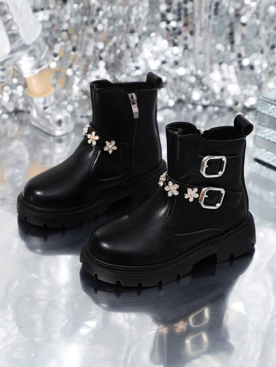 A Pair Of Children's Boots For Boys And Girls, 2025 New Spring And Autumn Style, Fashionable Boots, Stylish Leather Boots, Single Lining Short Boots, Suitable For All Seasons. - 黑色 - 查看 1