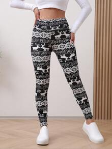 1件装冬季运动紧身裤 高腰加厚羊毛保暖绒面加厚保暖绒面休闲圣诞驯鹿印花紧身裤 冬季女款，舒适 - 黑與白 - 查看 2