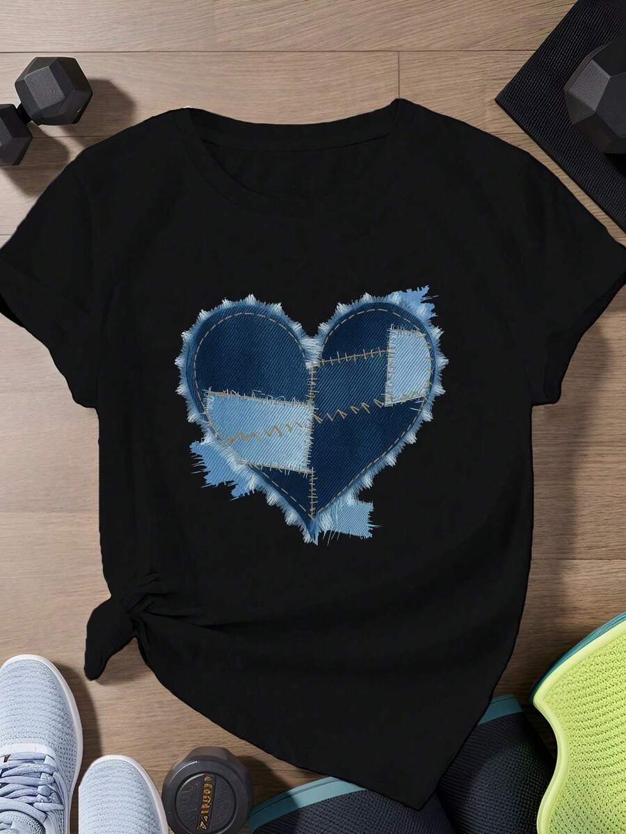 Heart Shaped Denim Pattern Women's Plus Size Sports Short Sleeve T-Shirt Fall Women Clothes - Black - View 1