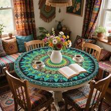 1/36 piezas Mantel redondo de 48 in/54 in con estampado digital de patrón retro y contraste bohemio, mantel elástico para protección, resistente a arañazos, adecuado para uso diario, interior/exterior, decoración del hogar, idea de regalo, camping, viaje