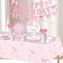 50Pcs Pink Bow Party Supplies Cute Supplies Bachelorette Party Tableware Set With Pink Bow Paper Plates Napkins Cups For Engagement Birthday Shower Wedding - Pink and White Bow Tableware Set - View 3