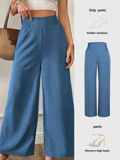 2025 New European & American Style Women's Spring/Summer Fashion Solid Color Elastic Waist Wide Leg Pants, Loose Comfortable Versatile Casual Trousers, Daily Simple