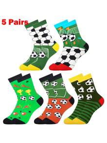 5 Pairs Men's Football Themed Novelty Socks, Funny Soccer Crew Socks, Great Gift For Football Fans, Birthday Gift For Men, Boyfriends, Nephews, Fall