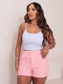 Traditional Denim Shorts With Elastic Waistband - Màu Hồng baby - Xem 3