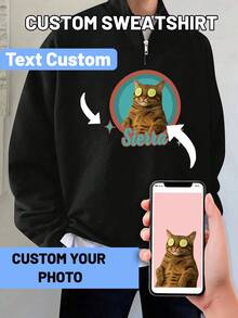 Bluza męska w dużym rozmiarze, z nadrukiem zabawnego kota, możliwość dodania tekstu i obrazów, luźna bluza z zamkiem błyskawicznym do połowy, idealna na jesień/zimę, z długim rękawem - Czarne - Zobacz 1