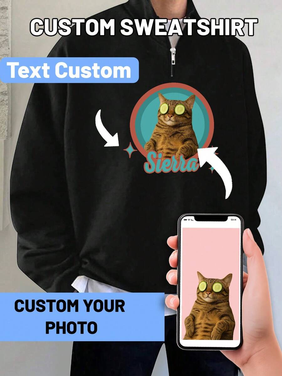 Bluza męska w dużym rozmiarze, z nadrukiem zabawnego kota, możliwość dodania tekstu i obrazów, luźna bluza z zamkiem błyskawicznym do połowy, idealna na jesień/zimę, z długim rękawem - Czarne - Zobacz 1