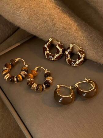 Set di 3 orecchini alla moda in stile vintage con pietra occhio di tigre color caffè, set di orecchini di lusso di alta gamma adatto per l'uso quotidiano e per le feste delle donne