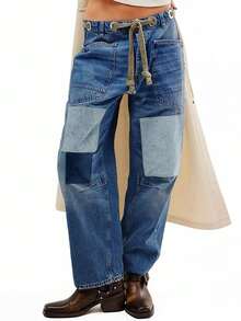 Womens Wide Leg Barrel Jeans Patchwork Baggy Denim Pants Low Rise Horseshoe Jeans With Pockets Casual Outdoor Pants - Màu xanh lam - Xem 1