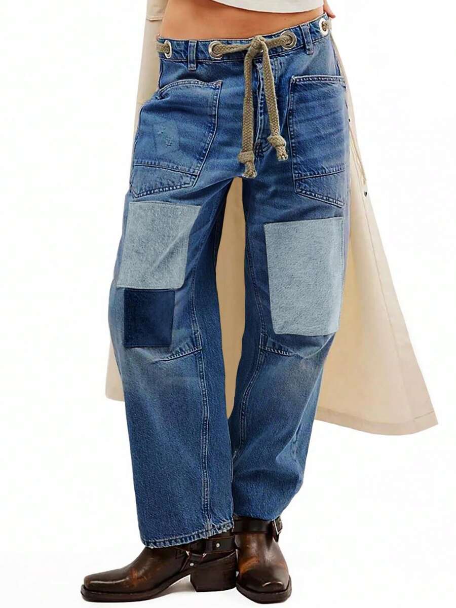 Womens Wide Leg Barrel Jeans Patchwork Baggy Denim Pants Low Rise Horseshoe Jeans With Pockets Casual Outdoor Pants - Màu xanh lam - Xem 1