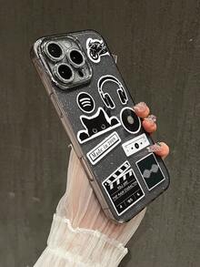 1pc Black Glitter Base Black & White Sticker Style Phone Case, Earphone Vinyl Record Cat Movie Clapperboard Player Creative Collage Transparent Full Coverage Soft Shell Retro Cool Unisex Protective Case Compatible With IPhone17/17Pro/17ProMax/16/16Plus/16ProMax/15ProMax/11/12/13/14 Series - Fine Black Glitter - View 2
