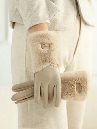 1 Pair Women's Casual Elegant Fabric Quilted Winter Warm Fashion Suede Fleece Touchscreen Gloves, Daily Warm Plush PU Leather Gloves