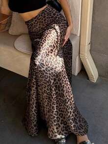 Falda lápiz de talle alto con cremallera y estampado de leopardo en forma de cola de pez Faldas de Mujer - Negro - Ver 6