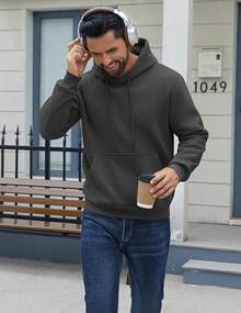 Men Cotton Fleece Hooded Sweatshirt Casual Long Sleeve Hoodies Pullover Fashion Drawstring Hoodie With Kanga Pocket - 深灰色 - 查看 2