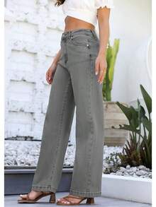 Jeans High Waisted Straight Leg Loose Jeanshalloween - Abu-abu - View 9