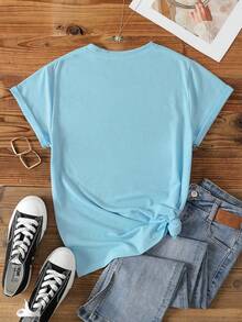 Playera camiseta básica mujer dama cuello redondo manga corta estampado corazón con mariposas parte superior elástica de poliéster primavera/verano uso diario material no transparente - Azul - Ver 2