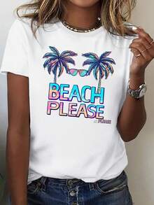 [Beach Please Neon T-Shirt] Neon Print Beach Please T-Shirt - Casual Crew Neck, Short Sleeve Top With Palm Tree Design For Spring, Summer - White - View 1