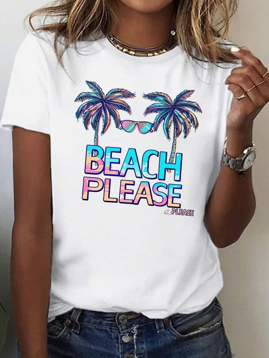 [Beach Please Neon T-Shirt] Neon Print Beach Please T-Shirt - Casual Crew Neck, Short Sleeve Top With Palm Tree Design For Spring, Summer - White - View 1